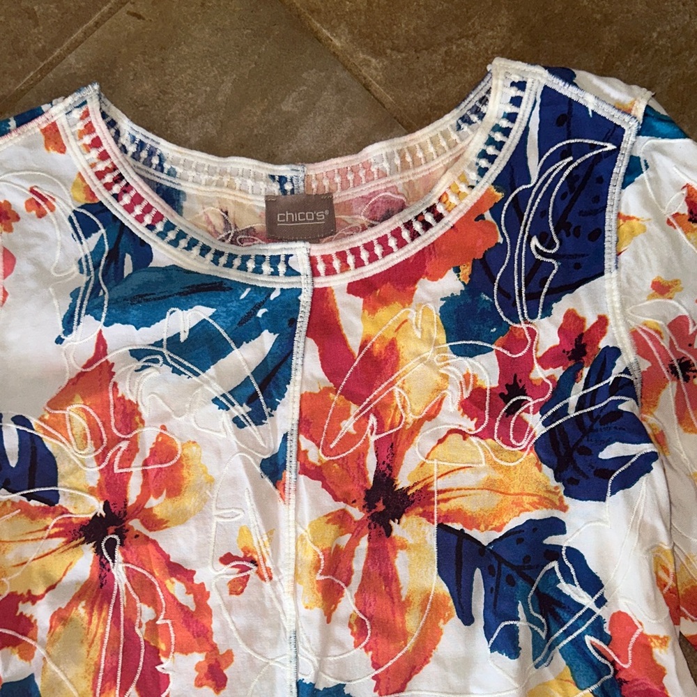 Chico's Multi-Color Floral Crochet-Trim Top - Picture 3 of 7
